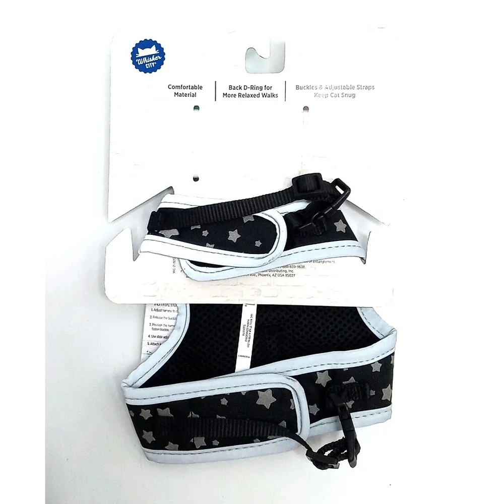 Kitten Cat Harness With Leash Black,Silver Stars,and reflective outline Small